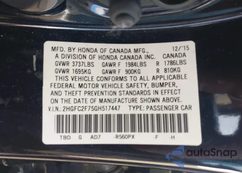 2016 Honda Civic Ex from USA, damaged, VIN 2HGFC2F75GH517447